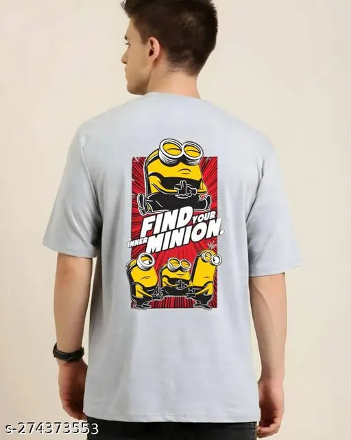 Grey cotton blend three-quarter sleeve Minion printed T-shirt, fashionable men's wear, India origin