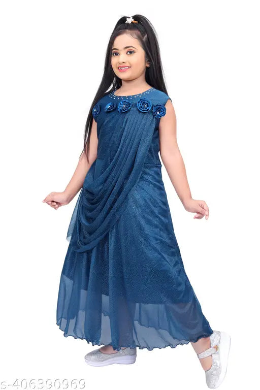 Embellished cotton blend sleeveless kids' gown, charming party wear for 4-11 year old girls. Indian-made baby dress