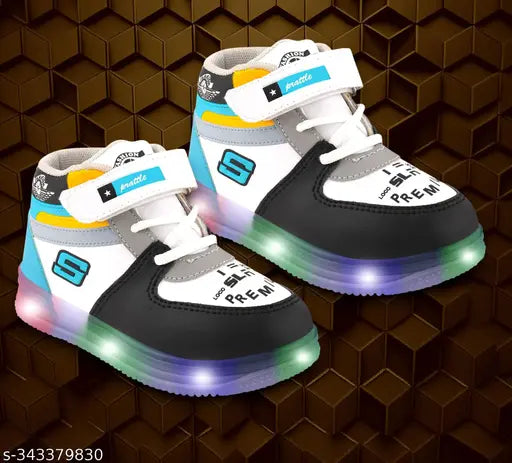 Prattle foot kids LED shoes with velcro straps, green and yellow design, outdoor sports shoes