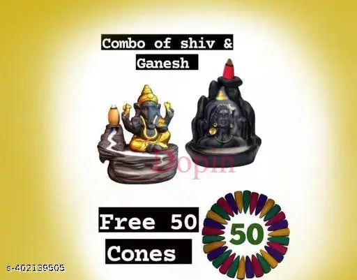 Handcrafted Shiv Shankara Adi Yogi, Mahadev, and Yellow Ganesh Backflow Incense Combo with 50 free cones. Indian religious figurines for table art