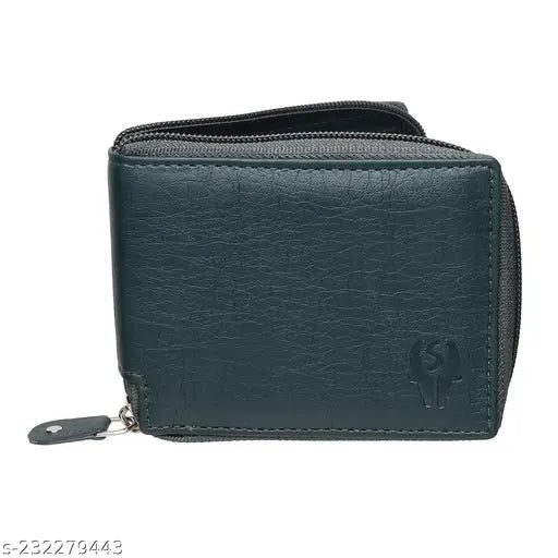 Green PU leather bi-fold wallet, slim design, 2 compartments. High quality PU material, durable, easy-to-carry size for men and women. Classic, timeless design for daily use. Made in India