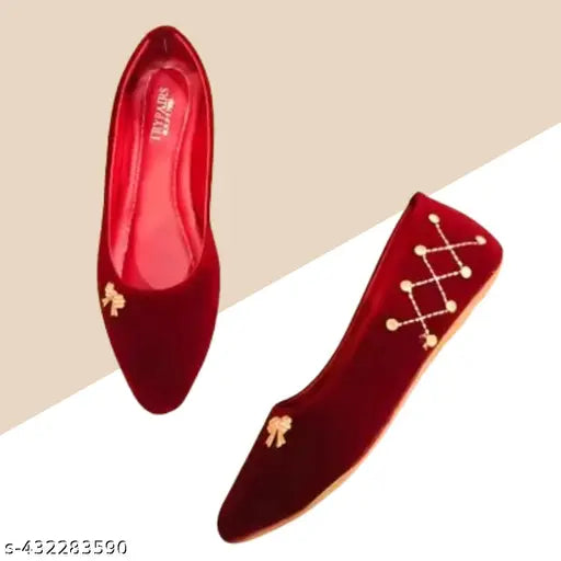 Maroon velvet women's flat shoes with metallic accents