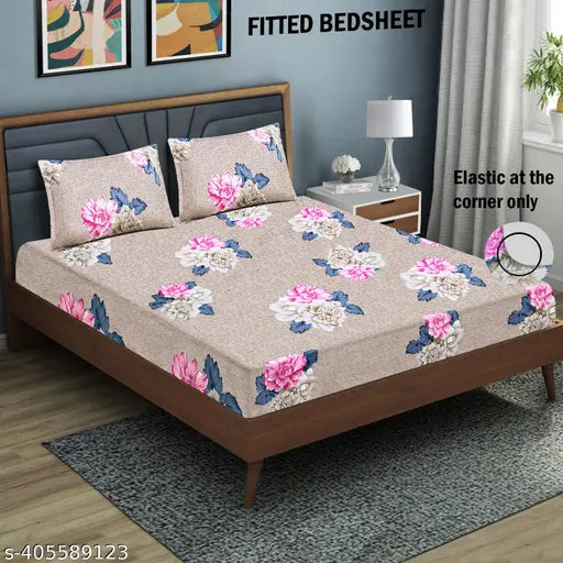 Microfiber double floral fitted bedsheet set (144 TC), elastic & 2 pillow covers, summer-ready bedroom decor