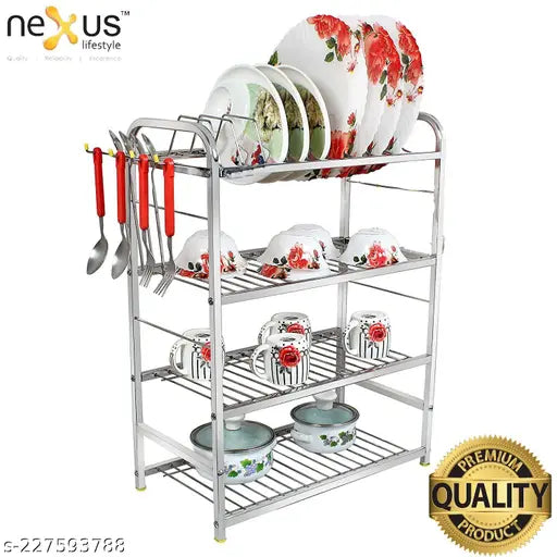 Stainless steel 4-tier kitchen dish rack with plates and cutlery