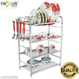 Stainless steel 4-tier kitchen dish rack with plates and cutlery