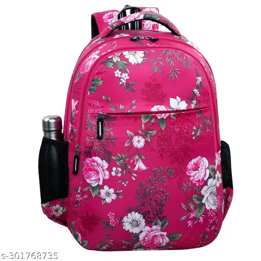 Pink waterproof polyester bag, perfect for women's school & college use. Stylish and functional, features a laptop sleeve and multiple pockets