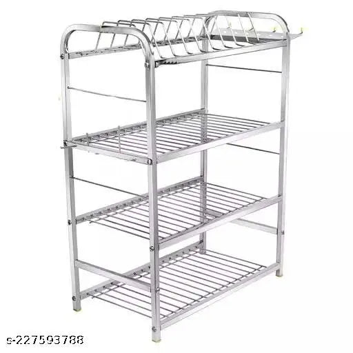 Stainless steel four-shelf kitchen dish rack for organizing plates and utensils
