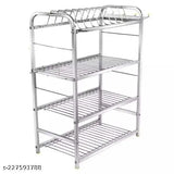 Stainless steel four-shelf kitchen dish rack for organizing plates and utensils