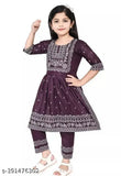 Wine rayon printed round neck Naira cut kurti and harem pants for baby girls - Indian style, casual or work wear