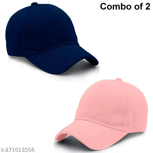 Blue cotton baseball caps in a pack, featuring one each of plain and printed pink caps, adjustable and non-adjustable styles, fashionable design for men, women, girls or boys
