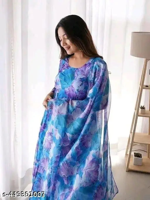 New Designer Printed Georgette Long Kurta with Duppatta, three-quarter sleeves for women, available in sizes M, L, XXL