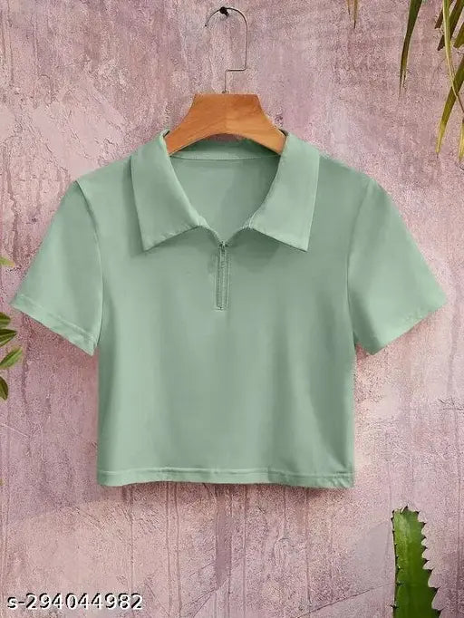 Solid cotton collar zipper T-shirt, short sleeves, XS-XL sizes available