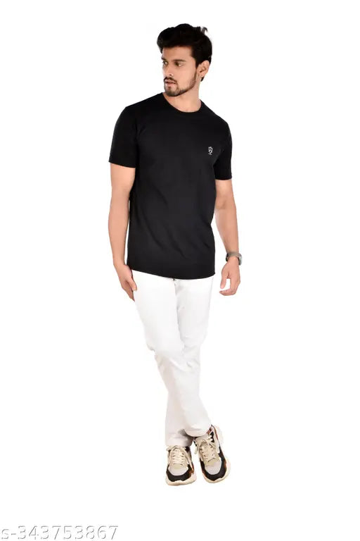 Mens cotton round neck T-shirt, black - solid polo shirt for casual outings, offers sun protection and air permeability, features hidden side pocket and comfortable fit