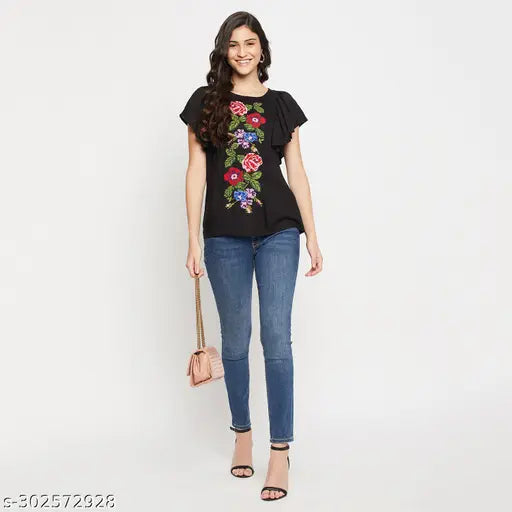 Black rayon embroidered top with printed pattern, short sleeves for women. Sizes: S, M, L, XL, XXL. Made in India