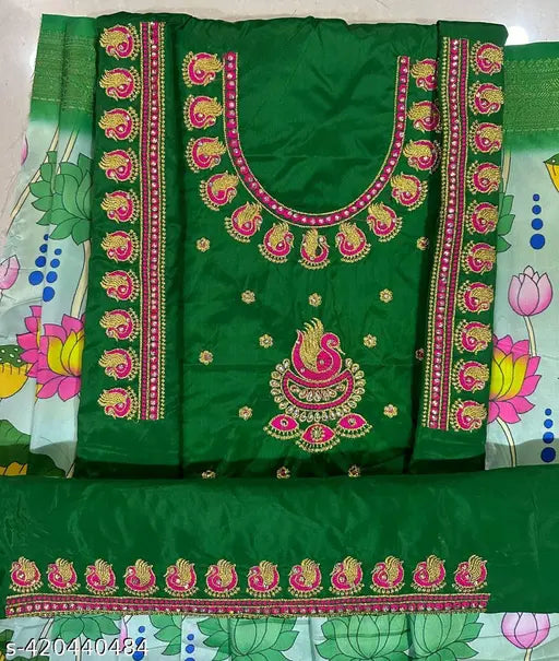 Green cotton silk and acrylic unstitched Kalamkari lehenga choli with heavy embroidery work and digital print, suitable for kids aged 3 to 8 years old, from India