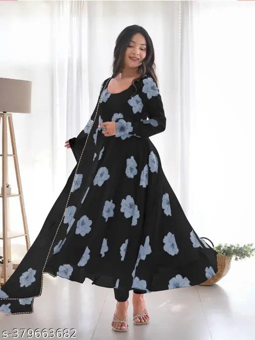Georgette print, floor-length three-quarter sleeve gown and matching palazzos with dupatta set