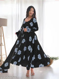 Georgette print, floor-length three-quarter sleeve gown and matching palazzos with dupatta set