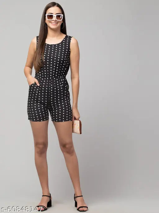 White polka dot print romper on woman, sleeveless polyester dress with black base