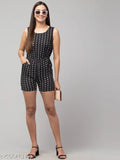 White polka dot print romper on woman, sleeveless polyester dress with black base