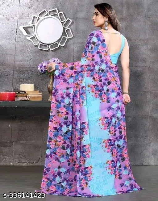 Georgette printed weightless sari with blouse, featuring a floral pattern and sleeveless design, ideal for traditional wear