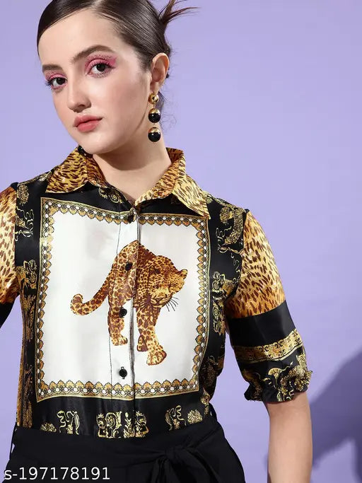 Yellow polyester jumpsuit with animal print, three-quarter sleeves, size XXL. StyleStone women's satin tiger print jumpsuit from India