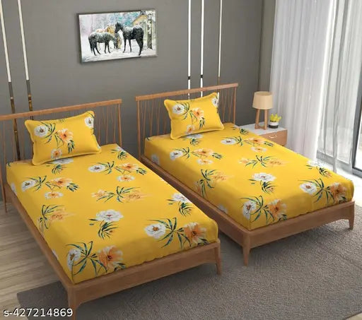 Latest Glace Cotton MultiColoured Single Bed Yellow Coloured Flat (60*90) Combo Bedsheet With Two Pillow Cover(16*27) And Elegant Printed Design