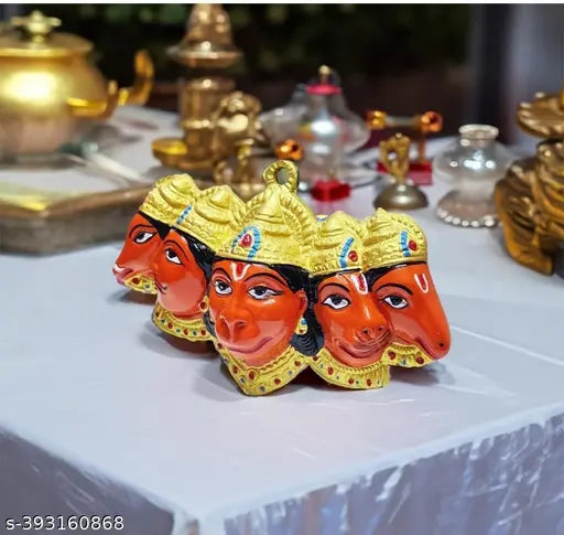 Orange aluminum Panchmukhi Hanuman statue, symbolizing spiritual protection, strength, and devotion for home hanging or temple