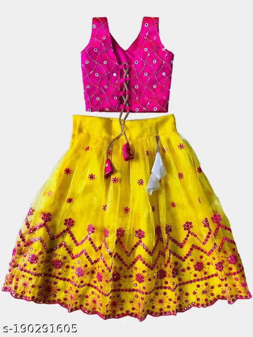 Agile Classy Girls Top & Bottom Sets: Taffeta silk lehenga, nylon dupatta, net with ribbon embroidery, new design, readymade, Indian origin