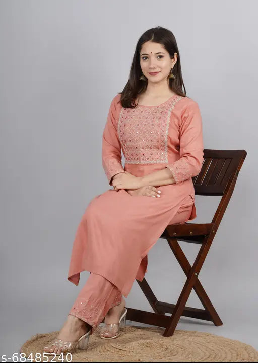 Peach rayon kurta pant set with embroidered net, three-quarter sleeves, palazzos bottoms for women's fashion