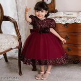 Maroon embellished net western wear, featuring short sleeves, for kids aged 2-9 years