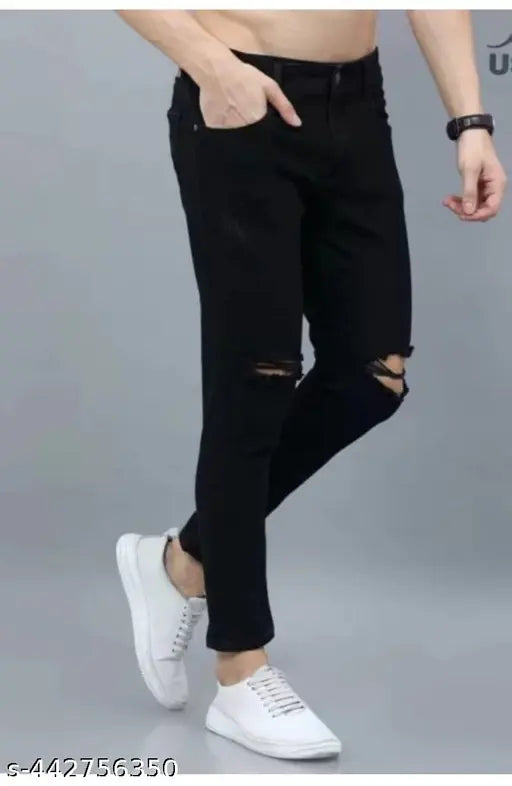 Black denim men's jeans, newly designed by CAMFITS. Solid pattern, available in sizes 28, 30, and 32. Made in India