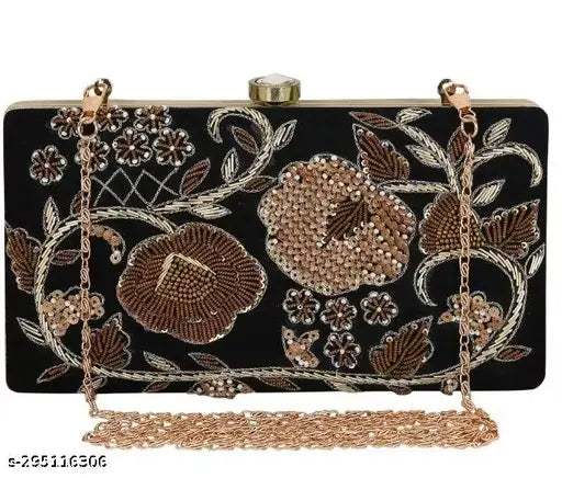 Modern black women's clutch with embroidery and a metallic chain link
