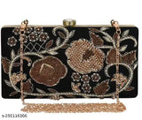 Modern black women's clutch with embroidery and a metallic chain link