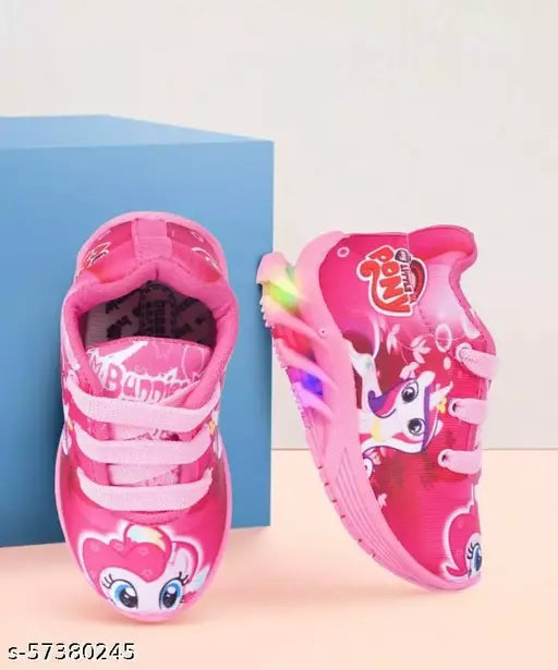 Pink children's shoes with floral and sparkle embellishments, light-up feature