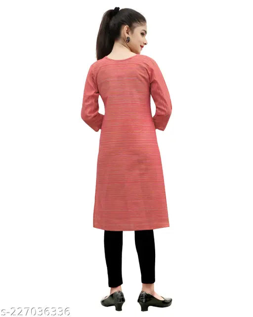 Striped net cotton kurta for girls, self-designed straight style with three-quarter sleeves, size range 9-10 years to 12-13 years. Indian handcrafted clothing