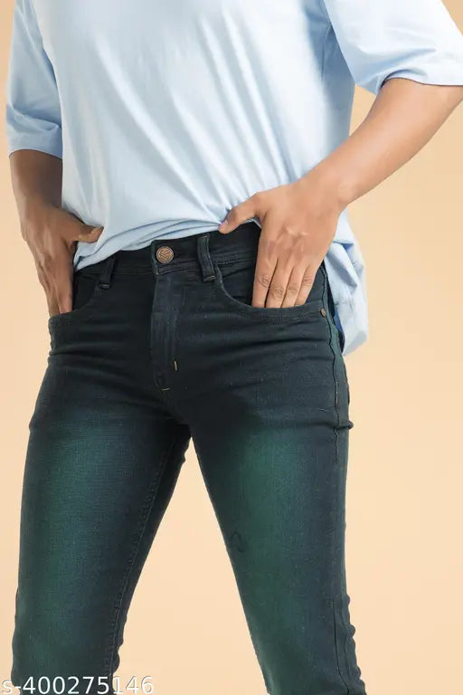Green denim men's jeans, stretchable and comfortable, solid pattern, size 32 (33" waist, 40" length). Affordable, expertly crafted in India