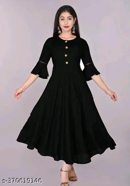 Black rayon bell sleeves kurti with solid pattern, three-quarter sleeve length, and flared style. Hand wash or machine wash, fits regular body types. Comes in multiple sizes: S (36in bust, 44in size length), M (38in bust, 44in size length), L (40in bust, 45in size length), XL (42in bust, 45in size length), XXL (44in bust, 45in size length). Made in India