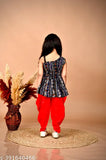 Blue and red printed rayon kids' dress set: Kurta with dupatta and dhoti, sleeveless, embellished
