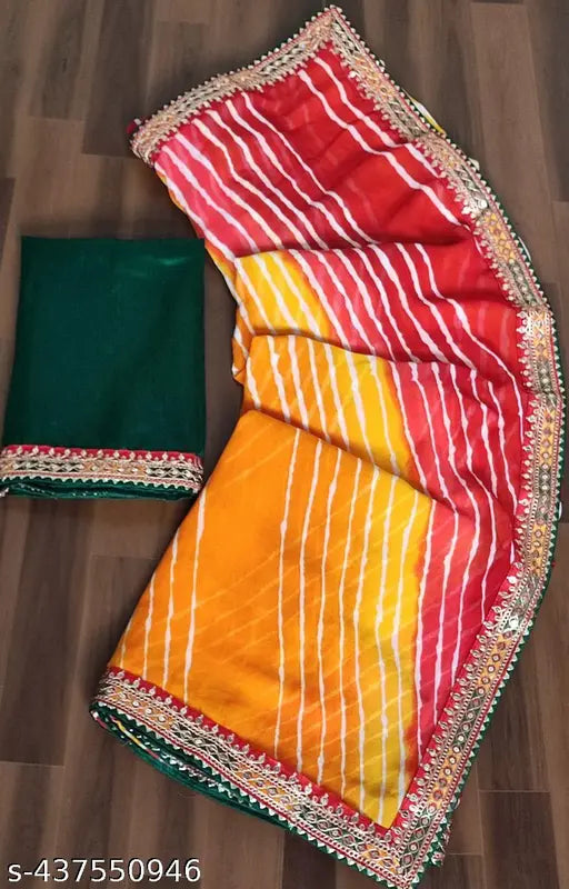 Colorful Lahariya Print Georgette Saree, Soft Fabric with Coding Sequence and Multi-Colored Dhaga Embroidery Work