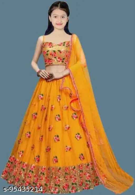 Yellow embroidered lehenga choli set for girls, pack of 1 with net dupatta and sleeveless top. Indian ethnic wear for traditional occasions