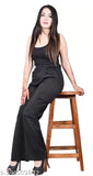 Black stretchy casual cargo pants with straight fit high rise design featuring slanted inset pocket and flap closure, suitable for both formal and casual wear
