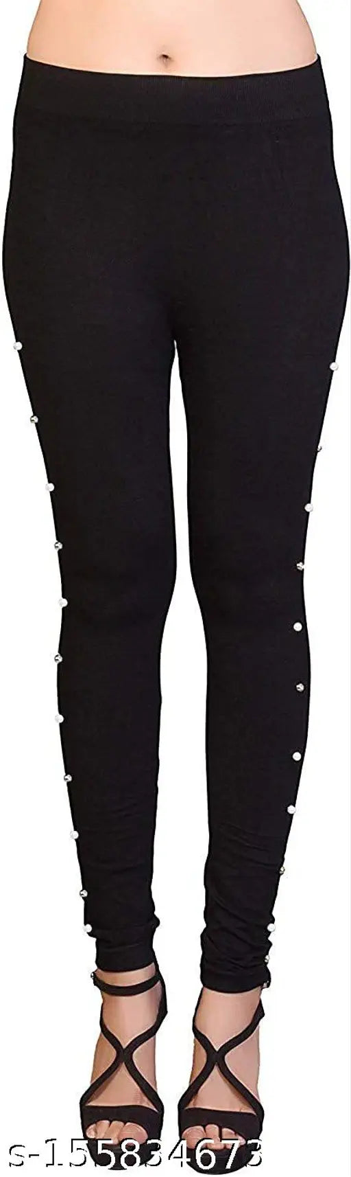 Solid black cotton jeggings for women & girls with side stone detail, stylish fit