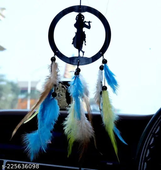 Handcrafted dream catcher made in India featuring acrylic feathers and positive vibes, suitable for car hanging window garden or wall decor