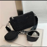 Black embellished fabric sling bag with multiple pockets