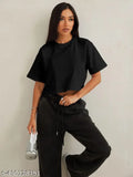 Black cotton casual crop top, loose fit with drop down shoulders and round neck, perfect for women's summer wear
