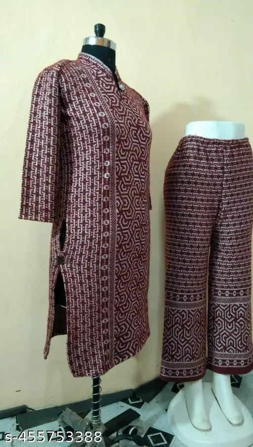 Maroon wool three-quarter sleeve printed combo set (M - Bust 38in, Length 40in), traditional Indian fashion
