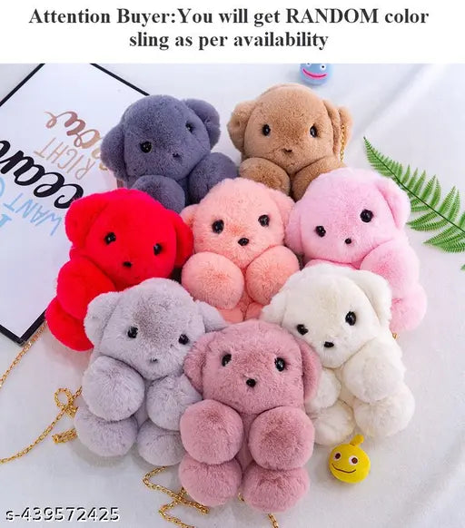 A set of six faux fur handbags in pastel colors, with teddy bear designs on a white background, one showcasing the crossbody strap
