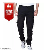 Black cotton blend cargo jeans by Flaying Men RFUF for men's size 28, 30, 32, or 34 on display