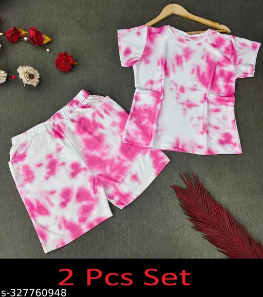 Dyed washed round nightsuits set for women, pack of 2 in tie-dye print, Indian-made, comfortable lycra fabric, versatile for casual or evening wear