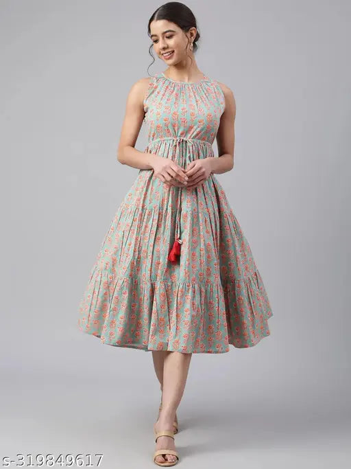 Cotton blend printed sleeveless flared kurta by Demirner, ideal for festive occasions, Rayon fabric ensures comfort and style